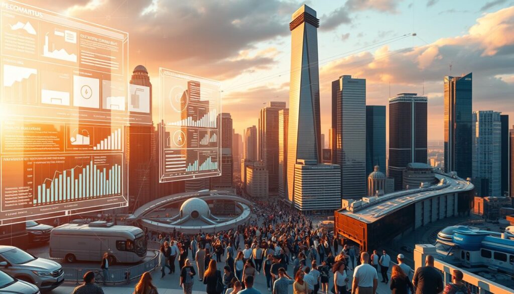 A bustling cityscape with towering skyscrapers bathed in a warm, golden glow. In the foreground, a series of holographic screens display personalized product recommendations, targeted advertising, and predictive analytics dashboards. Swirling data visualizations and algorithms intertwine, highlighting the power of AI-driven personalization. In the middle ground, a diverse crowd of consumers navigates the urban landscape, their movements and preferences seamlessly tracked and integrated into the predictive models transforming the acquisition process. The background features a horizon of technological innovation, with futuristic transportation and communication networks, all driven by the latest advancements in artificial intelligence.