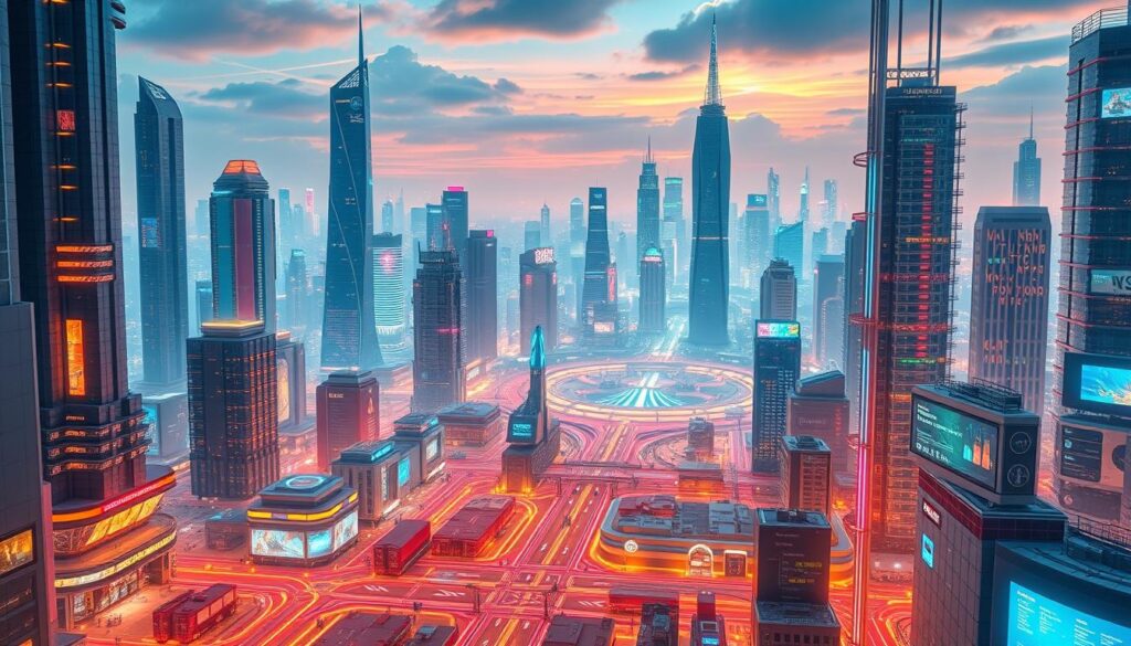 A bustling futuristic cityscape, with towering skyscrapers and sleek, cutting-edge commerce infrastructure. In the foreground, a network of digital interfaces and holographic displays showcase the latest trends in e-commerce, seamlessly integrating online and offline shopping experiences. The middle ground features a complex web of data centers, logistics hubs, and automated delivery systems, all working in harmony to power the growth of the modern commerce ecosystem. In the background, a vibrant, neon-lit skyline sets the stage for this dynamic vision of the future of conversion optimization, where technology, innovation, and consumer behavior converge to drive unprecedented growth.