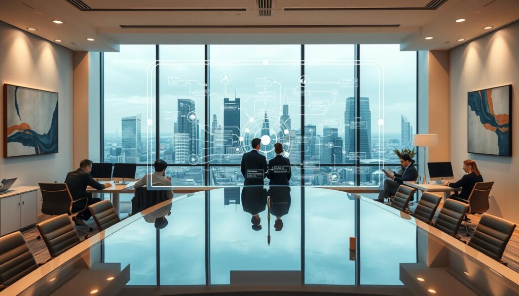 A clean, well-lit office interior with a large window overlooking a bustling city skyline. In the foreground, a team of professionals gathered around a curved, glass-topped conference table, deep in discussion. Sleek, minimalist desks and chairs create a modern, streamlined aesthetic. In the middle ground, a holographic display projects a complex workflow diagram, with interconnected nodes and arrows illustrating the various stages of a professional services automation process. The background features tasteful abstract artwork on the walls, complemented by warm, diffused lighting from recessed ceiling fixtures. The overall atmosphere conveys a sense of efficiency, collaboration, and innovation befitting a leading professional services firm.
