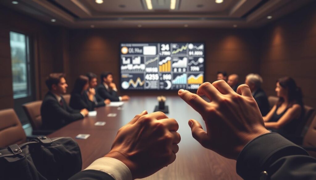 A dimly lit business meeting room, with a long conference table surrounded by executives. The foreground shows hands clasped together, gesturing and pointing, conveying a sense of persuasive communication. The middle ground features a large display screen, depicting various metrics, graphs, and charts, highlighting the power of data and statistics. The background is softly blurred, creating a sense of focus on the social proof techniques being discussed. The lighting is warm and inviting, with a subtle hint of suspense, as if the techniques hold some hidden secrets. The overall mood is one of strategic manipulation, where the power of social influence is being leveraged for commercial gain.