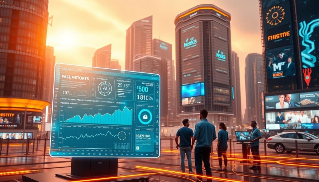 A futuristic digital landscape with a central focus on marketing automation software and AI-powered tools. In the foreground, a sleek, holographic dashboard displays real-time analytics and optimization suggestions. Surrounding it, a swirl of data streams, digital assets, and personalized customer profiles. In the middle ground, a team of digital marketers collaborates, their screens filled with predictive models and automated campaign workflows. The background features a cityscape of towering skyscrapers, their facades adorned with glowing screens and neon advertisements. Warm, ambient lighting casts a futuristic glow, while a sense of dynamism and progress pervades the scene. The overall atmosphere conveys the transformative power of AI-driven marketing automation in the digital age.