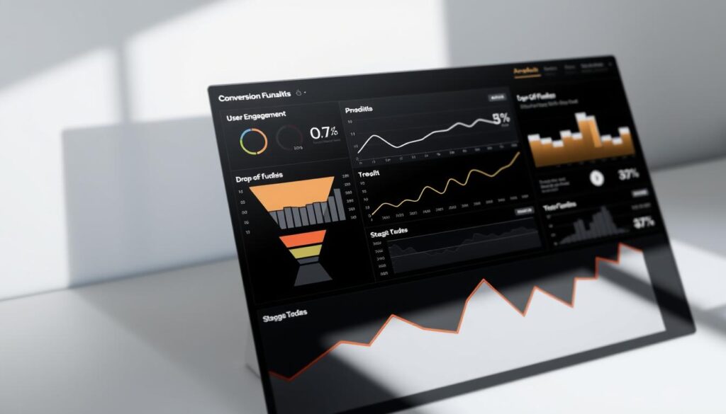 A high-contrast analytics dashboard depicting a detailed conversion funnel analysis. The foreground showcases interactive graphs, charts, and metrics tracking user engagement and drop-off rates across the various stages of the funnel. The middle ground features intuitive UI elements and navigation controls, while the background subtly depicts a minimalist grid-based layout with soft gradients, suggesting a clean, data-driven aesthetic. The lighting is crisp and directional, casting subtle shadows that emphasize the depth and dimensionality of the digital interface. The overall mood is one of analytical precision and data-driven insights, inviting the viewer to explore and uncover the hidden bottlenecks within the conversion process.