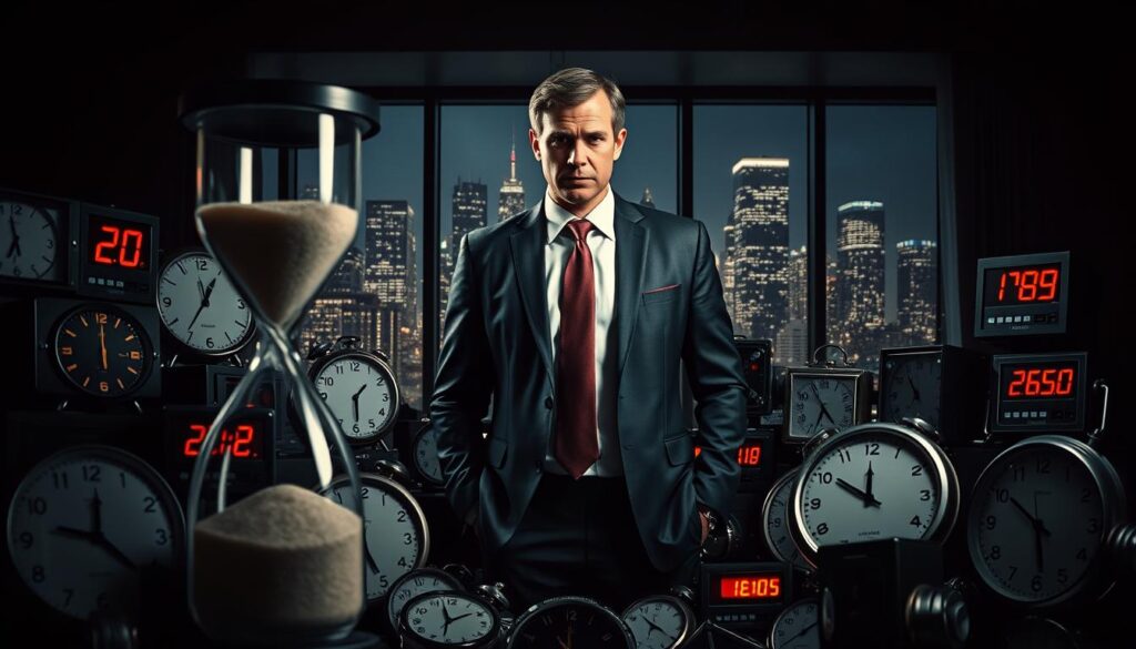 A high-contrast scene of a businessman in a sharp suit, standing amidst a chaotic arrangement of clocks, hourglasses, and countdown timers. The foreground features a prominent hourglass, its sand rapidly draining, conveying a sense of urgency. The middle ground showcases various digital and analog timers, their displays flashing and blinking, further emphasizing the scarcity of time. In the background, a dimly lit office setting with a large window overlooking a bustling cityscape, the glittering lights suggesting a limited-time opportunity. Dramatic lighting casts dramatic shadows, heightening the sense of tension and the need for immediate action. The overall mood is one of high-stakes decision-making, where time is of the essence.