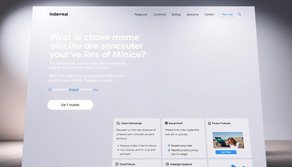 A modern and conversion-optimized website landing page design featuring a clean, minimalist layout with a large hero image showcasing the product or service. The foreground includes a prominent call-to-action button, a concise and persuasive headline, and a brief description highlighting key benefits. The middle ground contains client testimonials, social proof, and product features laid out in a visually appealing grid. The background features a subtle gradient or texture to create depth and visual interest. The overall aesthetic is professional, visually striking, and designed to guide the user seamlessly towards the desired conversion action. Lighting is soft and natural, with a focus on highlighting the product and key design elements. The camera angle is slightly elevated to create an inviting and aspirational perspective.
