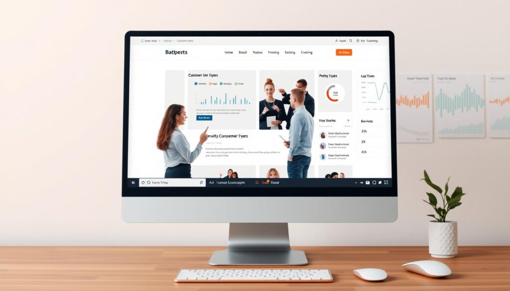 A modern and minimalist website interface showcasing user experience optimization for improved conversion rates. In the foreground, a responsive desktop screen displays a clean, intuitive layout with well-placed calls-to-action. In the middle ground, user personas interact with the site, navigating seamlessly through the customer journey. The background features subtle data visualizations and analytics dashboards, highlighting the data-driven approach to UX optimization. Warm lighting casts a professional, yet approachable atmosphere, emphasizing the importance of balance between design and performance. The overall scene conveys a sense of efficiency, engagement, and growth-oriented website optimization.