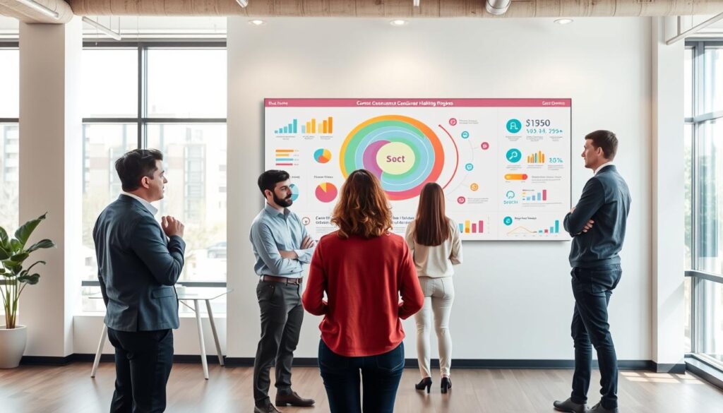 A modern open-plan office setting, with clean lines, neutral tones, and natural light streaming in through large windows. In the foreground, a group of people are engaged in a thoughtful discussion, their body language and facial expressions suggesting deep contemplation. Behind them, a wall-mounted display depicts a visual representation of the consumer decision-making process, with colorful shapes, graphs, and icons arranged in a clear, intuitive layout. The overall atmosphere is one of focused productivity and intellectual engagement, reflecting the hidden science behind consumer behavior.