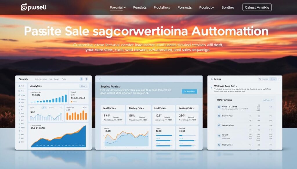 A modern, sleek website interface with a minimalist design, showcasing a dynamic sales conversion automation system. The foreground features a clean dashboard displaying real-time analytics, conversion rates, and lead generation metrics. The middle ground depicts customizable sales funnels, lead capture forms, and automated email sequences. In the background, a serene landscape with rolling hills and a vibrant sunset sky, conveying a sense of passive, effortless sales success. Soft, warm lighting illuminates the scene, creating a peaceful, inviting atmosphere. The entire composition exudes a sophisticated, high-tech aesthetic that reflects the power of passive sales conversion automation.