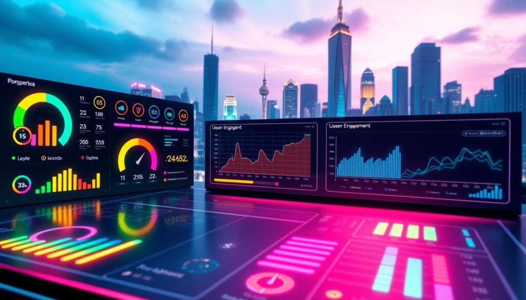 A neon-lit, futuristic interface displaying colorful progress bars, achievement badges, and level indicators. The foreground features a clean, minimalist dashboard with sleek, holographic elements pulsing with dynamic energy. The middle ground showcases interactive graphs and charts tracking user engagement metrics, while the background depicts a cityscape of towering skyscrapers bathed in a vibrant, cyberpunk-inspired glow. The overall atmosphere is one of technological sophistication and game-inspired motivation, inviting the viewer to immerse themselves in a world of quantified self-improvement.