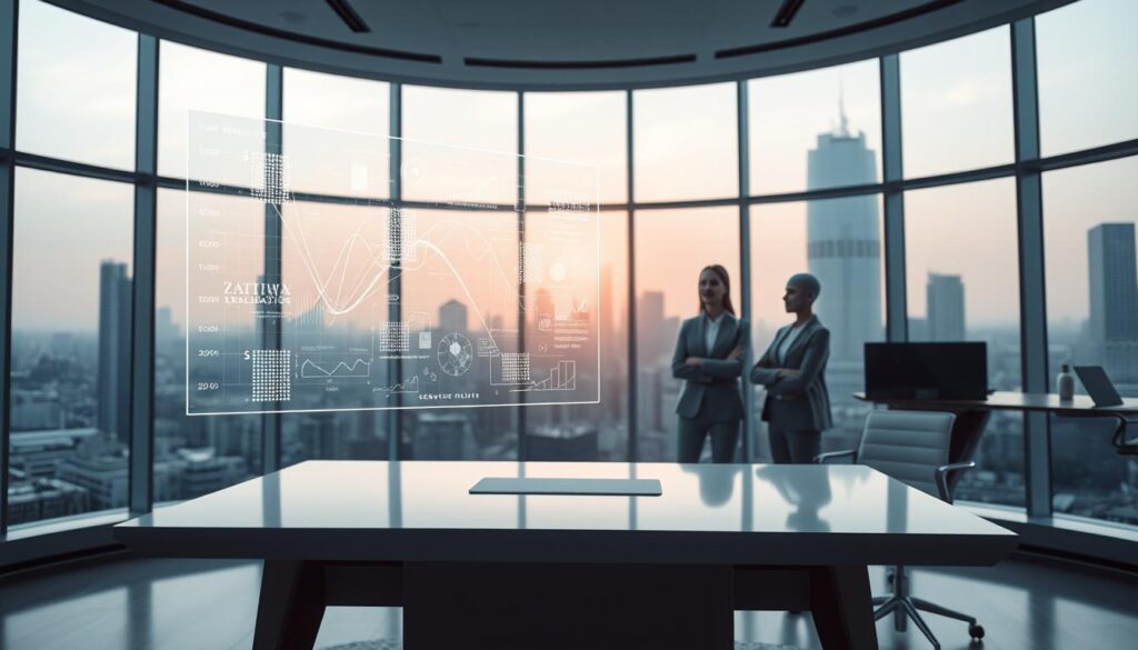 A sleek, futuristic office space with floor-to-ceiling windows showcasing a cityscape in the background. In the foreground, a holographic display hovers above a minimalist desk, projecting intricate data visualizations and algorithms related to conversion optimization. The lighting is soft and ambient, creating a sense of technological elegance. In the middle ground, a team of AI-powered digital assistants collaborates, their movements fluid and precise as they analyze customer behavior and optimize marketing strategies. The overall mood is one of cutting-edge innovation, where the latest advancements in artificial intelligence seamlessly integrate with conversion optimization technologies to drive business success.
