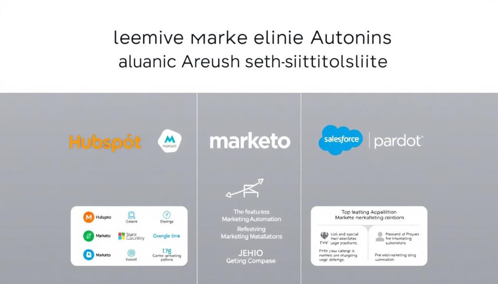A sleek, modern comparison of leading marketing automation platforms, presented in a clean and visually striking manner. The foreground showcases the logos and names of top platforms like Hubspot, Marketo, and Salesforce Pardot, arranged in a balanced grid layout. The middle ground features minimalist icons and infographic-style visualizations highlighting key features and capabilities of each platform. The background maintains a muted, monochromatic color scheme with subtle textures, allowing the platform details to take center stage. Soft, directional lighting creates depth and highlights the streamlined, professional aesthetic. The overall composition conveys an authoritative, informative, and visually compelling assessment of essential marketing automation tools.