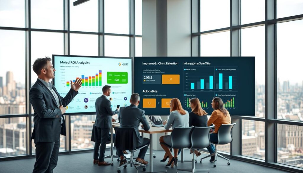 A sleek, modern office interior with large windows and abundant natural light. In the foreground, a professional services consultant stands confidently, gesturing towards a projection screen showcasing a detailed ROI analysis dashboard. The dashboard displays colorful graphs and charts, illustrating the tangible benefits of marketing automation for professional services firms - increased lead generation, improved client retention, and streamlined workflows. In the middle ground, a team of colleagues gathers around a conference table, engaged in a lively discussion. The atmosphere is one of collaborative productivity, with a sense of forward momentum and strategic vision. In the background, the city skyline is visible through the windows, hinting at the global reach and influence of the professional services industry. Overall, the image conveys the power of marketing automation to drive measurable success and competitive advantage for modern professional services organizations.