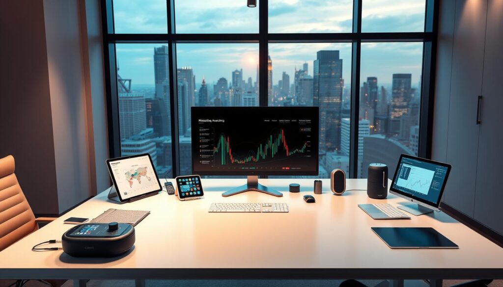 A sleek, modern office setting with a large desk and a variety of AI-powered marketing automation tools arranged neatly. The desktop features a clean, minimalist design with various digital devices and gadgets, including a high-resolution monitor, a tablet, and a smart speaker. Warm, directional lighting from a large window casts a soft glow across the scene, highlighting the efficient workflow and technological sophistication. In the background, a city skyline is visible through the window, suggesting the global reach and impact of these advanced marketing solutions. The overall atmosphere conveys a sense of efficiency, innovation, and the transformative power of AI in optimizing marketing efforts.