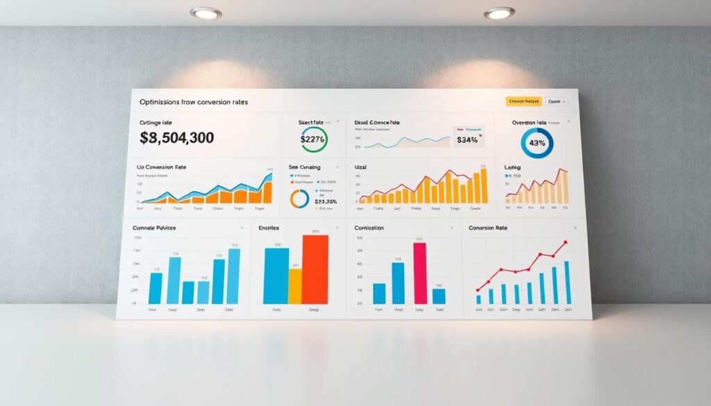 A vibrant data visualization dashboard against a sleek, minimalist backdrop. In the foreground, meticulously crafted charts and graphs depicting website bounce rate, conversion rate, and optimization statistics. Highlighted data points and trend lines in bold, contrasting colors convey the shocking reality of low conversion rates. The middle ground features a clean, gridded layout, with strategic use of negative space to emphasize the key insights. In the background, a subtly textured wall or surface, creating a sense of depth and professionalism. Crisp, evenly distributed lighting accentuates the clarity and precision of the data visualization, inviting the viewer to delve into the compelling statistics.