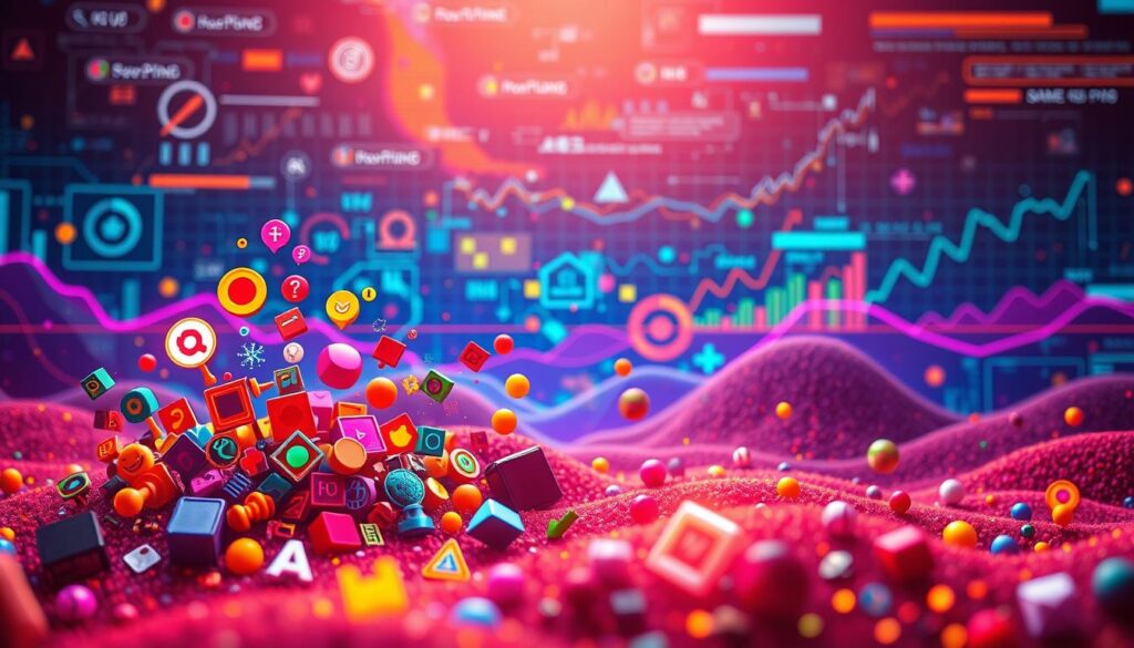 A vibrant, digital landscape depicting the psychological triggers of game design. In the foreground, a cluster of colorful icons and symbols representing game mechanics like points, leaderboards, and achievements. In the middle ground, dynamic shapes and patterns evoking the feedback loops and variable rewards that captivate players. In the background, a data-inspired backdrop of graphs, charts, and visualizations, hinting at the analytical underpinnings of effective game psychology. The scene is bathed in a warm, neon-tinged lighting, creating an immersive, technology-driven atmosphere. The overall composition conveys the intersection of human psychology and digital experiences that defines the art of game design.