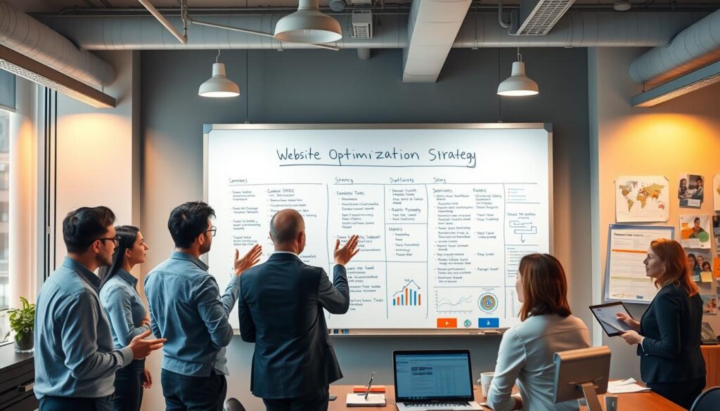 A well-lit office interior with a large whiteboard displaying a detailed website optimization strategy plan. In the foreground, a team of professionals in business attire gesturing and discussing the plan. Surrounding them, various digital devices, charts, and project management tools. The mood is focused and collaborative, with a sense of purpose and strategic planning. Warm lighting from overhead fixtures casts a soft glow, and the scene is captured from a slightly elevated, three-quarter angle to provide a comprehensive view of the workspace.