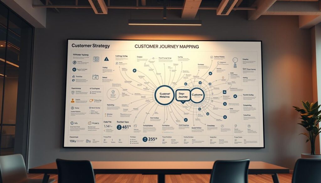 Detailed 3D visualization of a customer journey mapping implementation strategy. A large wall display in a modern office setting shows a complex network of interconnected customer touchpoints, user personas, and gamification mechanics. Warm lighting from overhead casts a soft glow, creating depth and atmosphere. The scene has a sleek, minimalist aesthetic with clean lines and muted colors. Key metrics, KPIs, and other analytical data are seamlessly integrated into the visual framework, emphasizing the strategic and data-driven nature of the implementation.