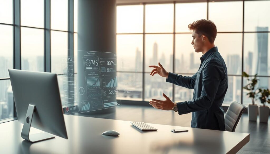 Detailed, cinematic scene depicting the future of user experience and interface design in 2025. In the foreground, a sleek, holographic display emerges from a minimalist desktop, showcasing innovative UI elements and fluid gestural controls. The middle ground features a young, tech-savvy professional intuitively interacting with the display, their movements seamlessly triggering data visualizations and conversion-boosting interfaces. The background is a futuristic office space, with floor-to-ceiling windows offering a panoramic view of a gleaming, high-tech cityscape. Soft, warm lighting, muted tones, and a sense of calm efficiency convey the evolution of UX/UI towards more intuitive, human-centric design principles shaping conversions in the years to come.