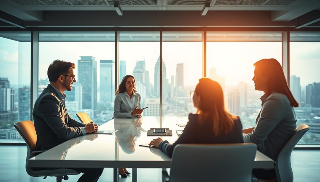 A bright, modern office interior with large windows overlooking a bustling city skyline. In the foreground, a group of business professionals engaged in an open, collaborative discussion around a sleek conference table, their body language and facial expressions conveying a sense of transparency and openness. Soft, indirect lighting casts a warm glow over the scene, creating an atmosphere of trust and professionalism. The middle ground features various visual aids, such as whiteboards and digital displays, highlighting data and information that is being openly shared. In the background, the cityscape outside the windows suggests a thriving, interconnected business community. The overall composition conveys a sense of clarity, honesty, and customer-centric communication practices.