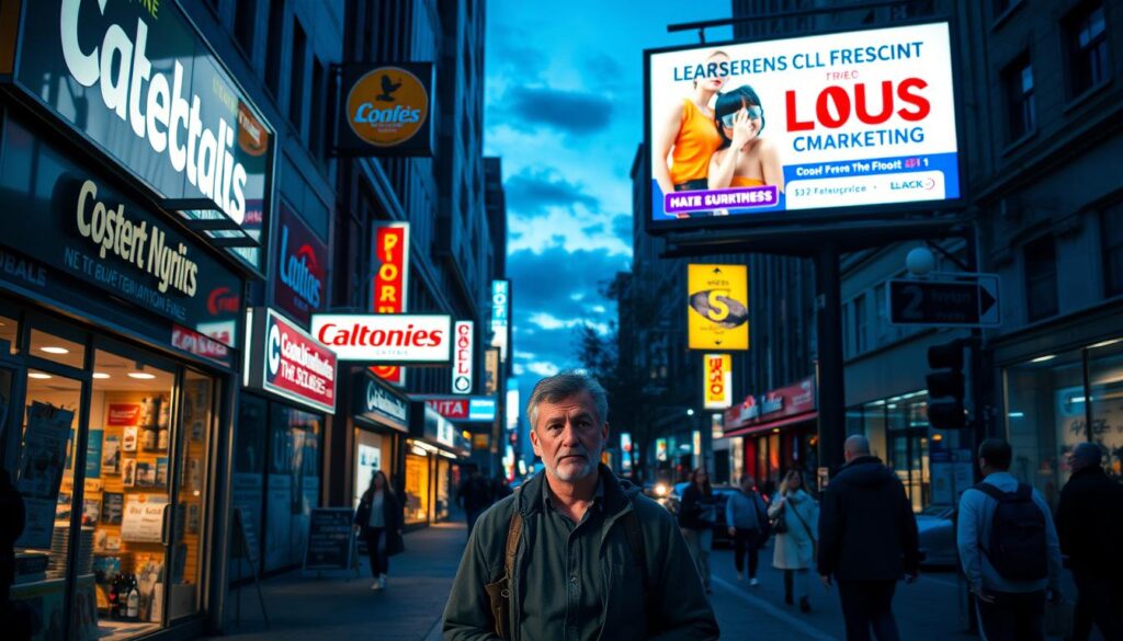 A bustling city street at dusk, with local storefronts and signage illuminating the dimly lit scene. In the foreground, a small business owner stands perplexed, surrounded by outdated marketing materials and a cluttered window display. The middle ground showcases competing businesses with sleek, modern branding and eye-catching promotions, drawing the attention of passing pedestrians. In the background, a digital billboard flashes advertisements for large national chains, highlighting the stark contrast between well-funded corporate marketing and the struggles of the local entrepreneur. The image conveys a sense of frustration and missed opportunities, reflecting the common marketing mistakes that can hinder the growth and success of small, community-based businesses.
