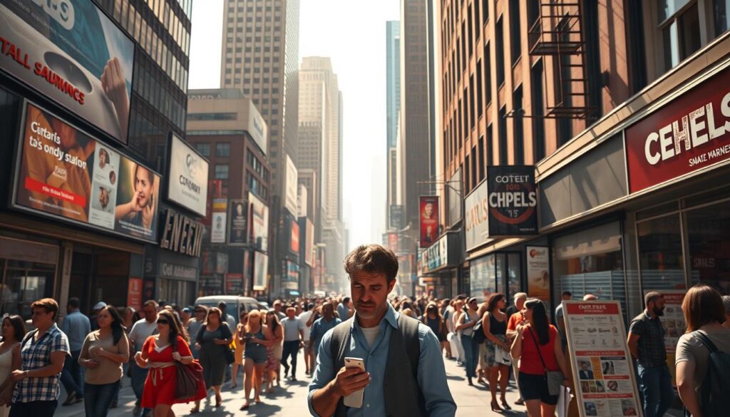A bustling city street, the sidewalks crowded with small businesses struggling to stand out. In the foreground, a lone entrepreneur gazes worriedly at a smartphone, overwhelmed by the myriad digital marketing options. The middle ground features a jumble of billboards, flyers, and digital screens, each vying for attention. In the background, looming skyscrapers cast long shadows, symbolizing the challenges of visibility and competition faced by these small enterprises. The scene is illuminated by a warm, hazy light, creating a sense of both frustration and determination. The overall mood conveys the challenges of small business marketing in the digital age.