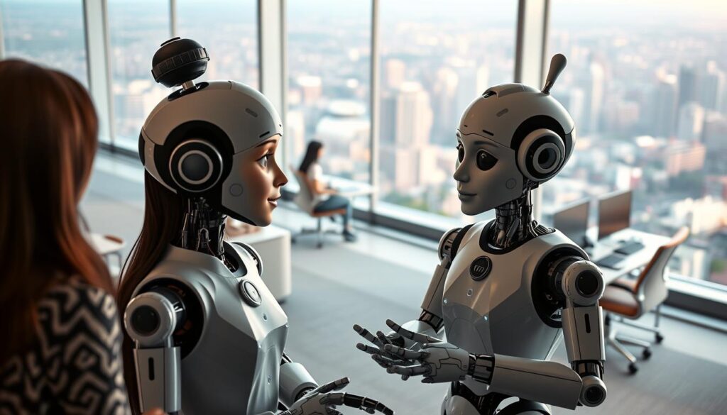 A bustling office setting with AI-powered chatbots taking center stage. In the foreground, three virtual assistants, each with a distinct personality, engage in natural conversations with customers. Their expressive faces and gestures convey an attentive, empathetic demeanor. The middle ground features a modern, open-concept workspace with ergonomic furniture and sleek technology. Soft, diffused lighting casts a warm glow, creating an atmosphere of productivity and efficiency. In the background, a panoramic view of a thriving urban landscape, hinting at the global reach and scale of these AI-driven customer engagement solutions.