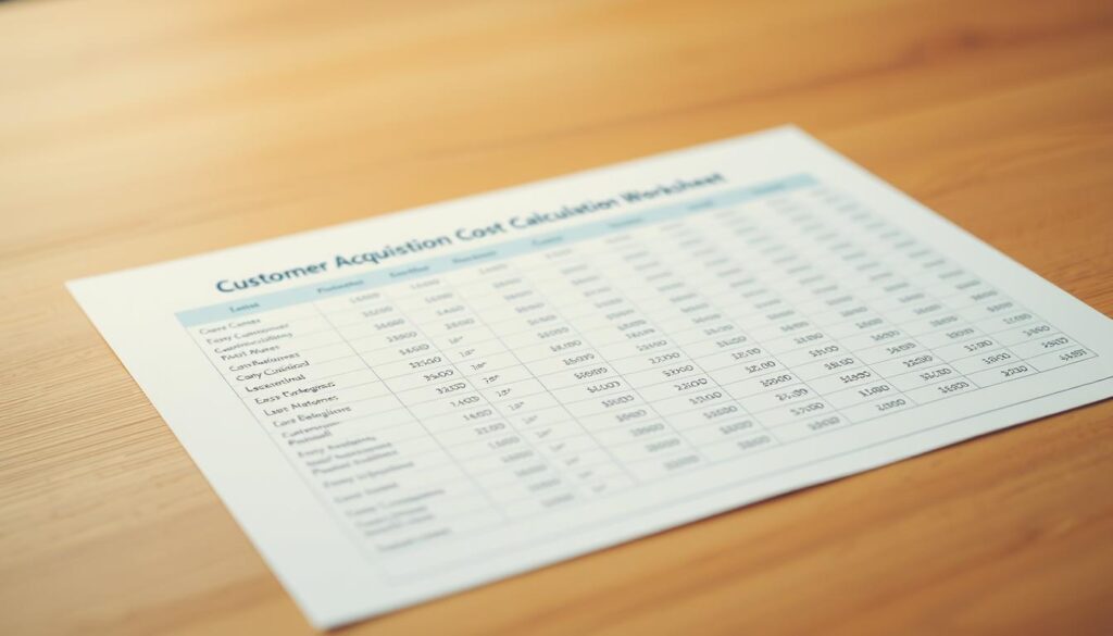 A clean, minimalist spreadsheet on a warm-toned wooden table, with a modern, sans-serif font displaying the title "Customer Acquisition Cost Calculation Worksheet" at the top. The worksheet is filled with neatly organized rows and columns, depicting numerical data and formulas relevant to calculating customer acquisition costs. The background is softly lit, creating a professional and analytical atmosphere, while the table surface and edges are slightly blurred, keeping the focus on the detailed worksheet itself.