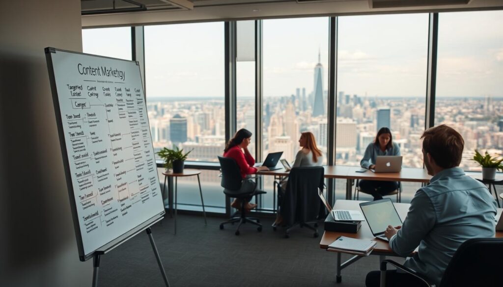A comprehensive content marketing strategy unfolds in a serene office setting. In the foreground, a whiteboard displays a meticulously mapped-out plan, complete with targeted keywords, content types, and distribution channels. The middle ground features a team of creatives collaborating, laptops open, ideas flowing. The background showcases a panoramic view of a bustling city skyline, hinting at the far-reaching impact of the strategy. Soft, natural lighting illuminates the scene, creating a sense of focus and productivity. The overall atmosphere is one of strategic vision, teamwork, and a drive to outshine the competition.