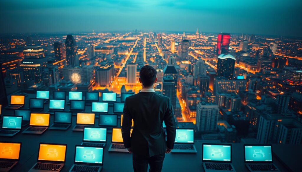 A contrasting scene showcasing the relationship between website traffic quality and quantity. In the foreground, a well-dressed professional standing in a room filled with glowing laptop screens, symbolizing high-quality, engaged visitors. In the background, a sprawling cityscape with countless buildings, representing a vast but indiscriminate influx of web traffic. The lighting is a balance of warm and cool tones, creating a sense of balance and harmony. The camera angle is slightly elevated, providing a bird's-eye view of the contrasting elements. The overall mood is one of contemplation, inviting the viewer to consider the nuances of web traffic and its impact on business success.