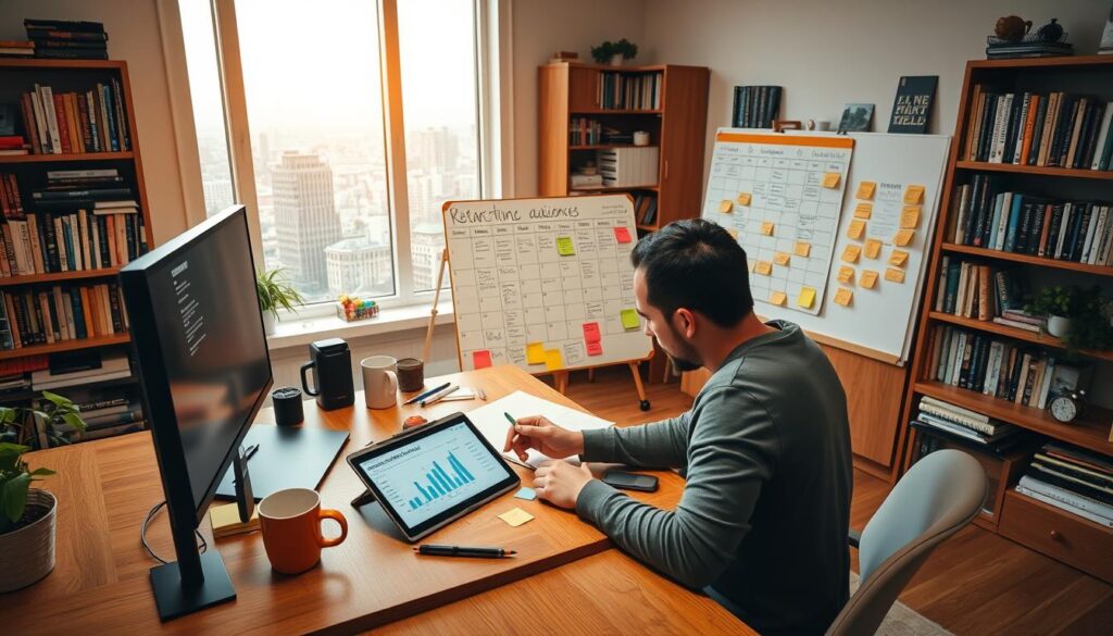 A cozy home office with a large wooden desk, a modern computer setup, and an array of research tools. In the foreground, a person is intently studying audience analytics on a tablet, surrounded by sticky notes, highlighters, and a mug of coffee. The middle ground features a whiteboard covered in brainstormed content ideas and a calendar scheduling various content campaigns. The background showcases shelves filled with marketing books and a large window overlooking a vibrant cityscape, bathed in warm, natural lighting. The overall atmosphere conveys a sense of focus, creativity, and strategic planning.