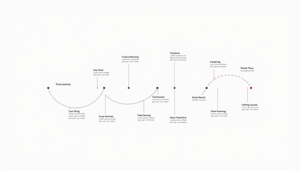 A detailed customer journey mapping framework on a clean, white background. The framework consists of interconnected stages and touchpoints, visualized as a smooth, flowing diagram. The stages are clearly defined and labeled, conveying the journey from initial awareness to final conversion. The connections between stages are represented by clean, curved lines, emphasizing the unified and cohesive nature of the customer experience. The overall composition is minimalist and elegant, with a soft, neutral color palette that creates a sense of professionalism and clarity. Soft, diffused lighting illuminates the framework, guiding the viewer's attention to the key elements. The image conveys a comprehensive, strategic approach to customer journey mapping, suitable for an article on enterprise-level marketing insights.