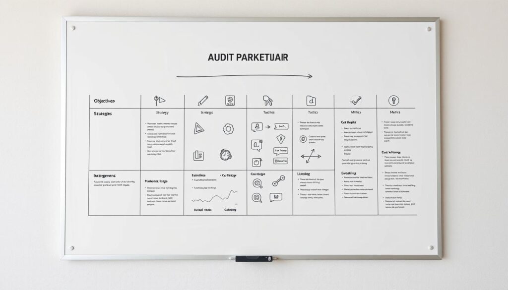 A detailed marketing planning audit framework displayed on a sleek, minimalist whiteboard. The foreground features a clean grid layout with sections for objectives, strategies, tactics, and metrics. In the middle ground, icons and visualizations illustrate different components of the framework. The background has a subtle texture, conveying a sense of professionalism and organization. The lighting is soft and diffused, creating an atmosphere of thoughtful planning and strategic focus. The camera angle is slightly elevated, giving an overview of the framework in a clear, legible manner.