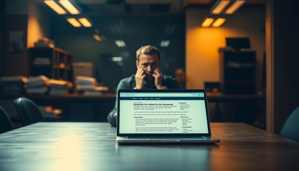 A dimly lit office setting, with a large desk in the foreground. On the desk, a laptop displays a generic marketing webpage, filled with vague promises and buzzwords. In the middle ground, a disgruntled customer sits, their expression one of confusion and disappointment. The background is blurred, but suggests a cluttered, corporate environment. Soft, warm lighting casts a sense of unease, and the overall atmosphere conveys a lack of trust and authenticity in the marketing message.