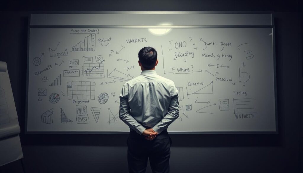 A dimly lit office setting, with a large whiteboard dominating the foreground. Scribbled on the whiteboard are graphs, charts, and hastily drawn arrows, conveying a sense of confusion and disarray. In the middle ground, a frustrated business executive stands, hands clasped behind their back, gazing intently at the whiteboard. The background is hazy, with a sense of stagnation and inertia. Subtle lighting casts shadows, emphasizing the weight of the situation. The overall atmosphere is one of disappointment and a recognition that traditional marketing strategies are falling short.