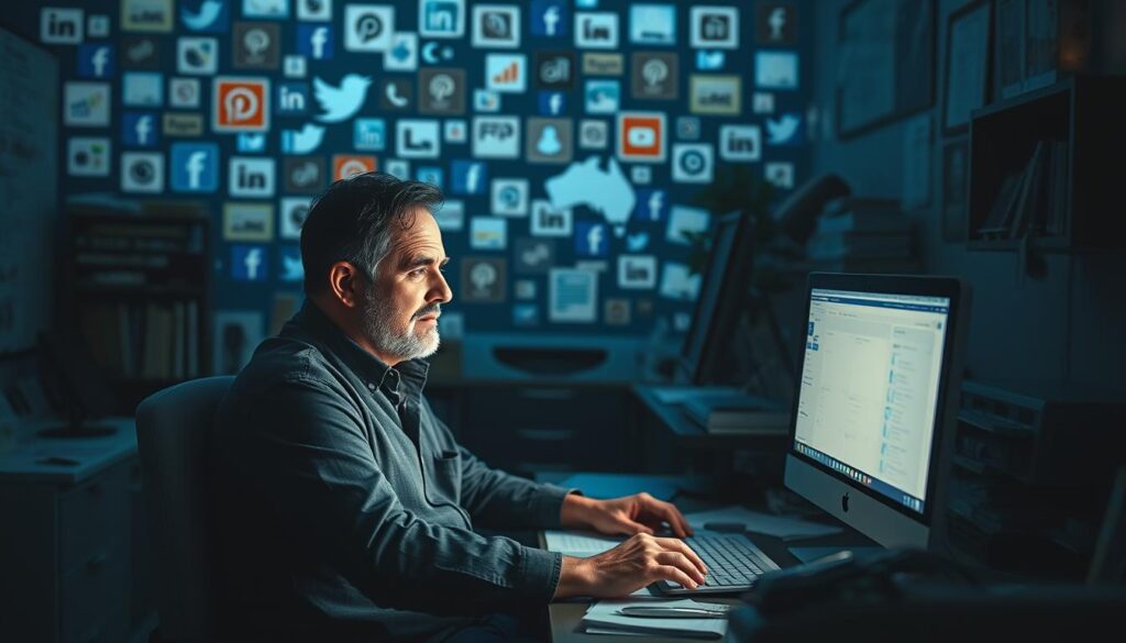 A dimly lit office, the glow of a computer screen illuminating a frustrated local business owner, surrounded by scattered marketing materials, their expression one of despair. In the background, a vast digital landscape of social media platforms and online directories, seemingly indifferent to their efforts. The scene is one of disconnect, where the owner's passion and hard work feel lost in the vastness of the digital world, their marketing efforts fading into the background, unable to be seen or heard by their target audience.