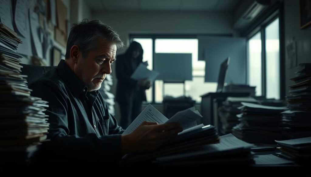 A dimly lit office, the walls lined with stacks of invoices and receipts. In the foreground, a dejected small business owner pores over spreadsheets, their expression one of resignation. The middle ground reveals a shadowy figure, a personification of hidden marketing costs, siphoning away funds from the struggling enterprise. The background fades into a blur, symbolizing the overwhelming nature of these unseen expenses. Dramatic chiaroscuro lighting casts dramatic shadows, emphasizing the weight of the situation. A somber, melancholic mood pervades the scene, reflecting the toll these silent budget killers take on local businesses.