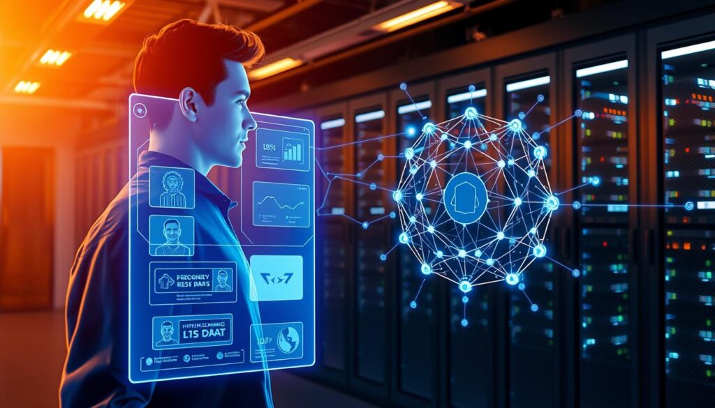A hyper-personalized digital marketing campaign using machine learning. In the foreground, a customer's digital profile is visualized as a glowing hologram, with personalized product recommendations and targeted ads. In the middle ground, an AI algorithm analyzes customer data, adjusting the campaign in real-time. In the background, a data center hums with activity, its servers processing terabytes of information to power this precision marketing. Warm lighting casts a futuristic glow, while sleek, minimalist design conveys a sense of technological sophistication. The overall atmosphere is one of cutting-edge marketing innovation, where data and AI work in harmony to deliver a deeply personalized customer experience.