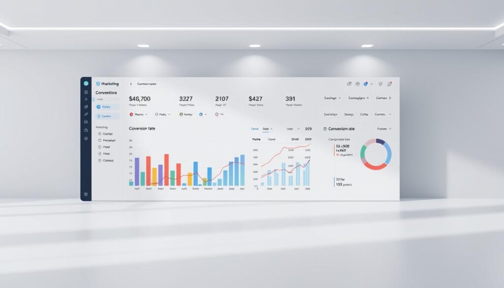 A modern, data-driven marketing dashboard displaying conversion rate analytics in a clean, minimalist layout. In the foreground, a large bar graph showcases key conversion metrics, color-coded and presented with clear data visualizations. The middle ground features an intuitive user interface with interactive toggles, filters, and segmentation tools to analyze performance across different campaigns and channels. The background portrays a sleek, gray-toned workspace setting with subtle grid patterns and geometric shapes, creating a professional, technology-driven atmosphere. Soft, directional lighting casts gentle shadows, highlighting the dashboard's crisp information hierarchy and attention to detail. The overall tone is one of analytical precision, empowering marketers to optimize their digital strategy and drive higher returns on investment.