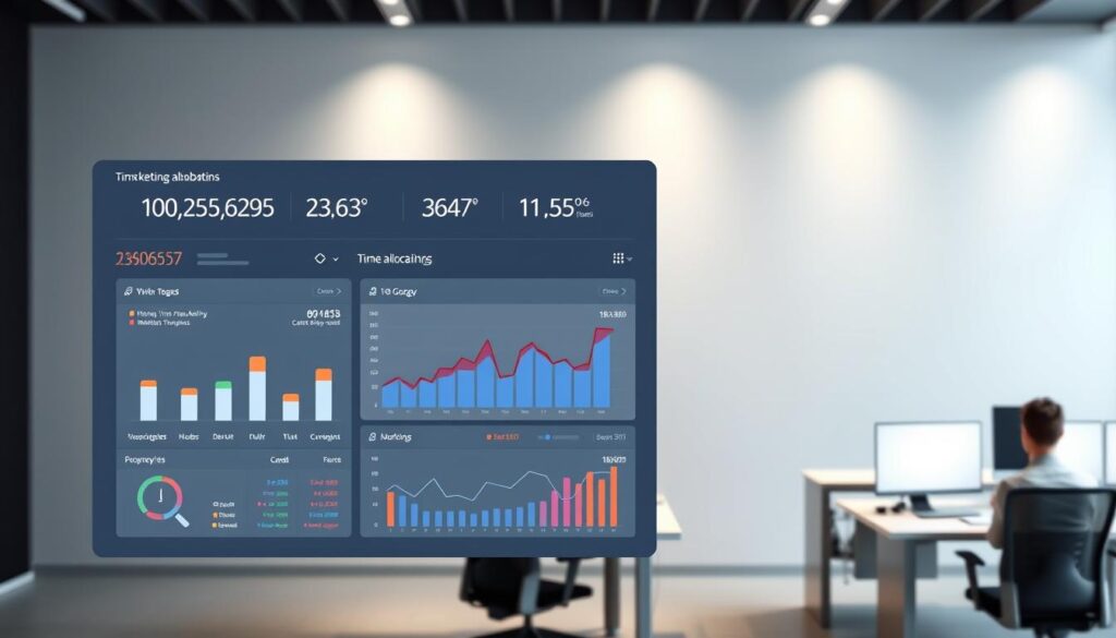 A modern marketing dashboard with a clean, minimalist design, showcasing detailed time allocation data. The foreground features a large interactive display, with various metrics and charts highlighting how the team's time is spent across different marketing activities. The middle ground shows a well-organized workspace, with ergonomic desks, and subtle accent lighting creating a focused, productive atmosphere. The background blends seamless gradients, suggesting a technological, data-driven environment. The overall tone is one of efficiency, transparency, and data-driven decision-making, reflecting the need to optimize time and resources for effective marketing campaigns.