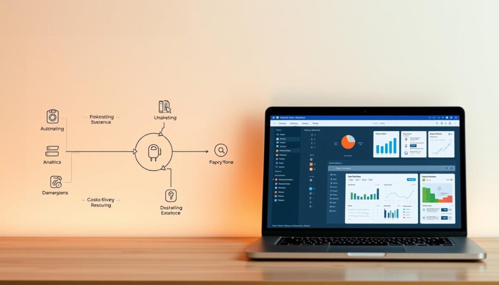 A modern, minimalist marketing automation workflow setup. In the foreground, a stylized diagram showcases various stages of the automation process, with clean icons and intuitive flow. The middle ground features a laptop displaying analytics and reporting dashboards, highlighting the data-driven insights. In the background, a subtle gradient backdrop sets a professional, business-focused tone. Warm, directional lighting accentuates the clean lines and subtle textures, creating a sense of sophistication and efficiency. The overall mood conveys a streamlined, cost-effective marketing strategy tailored for a small business.