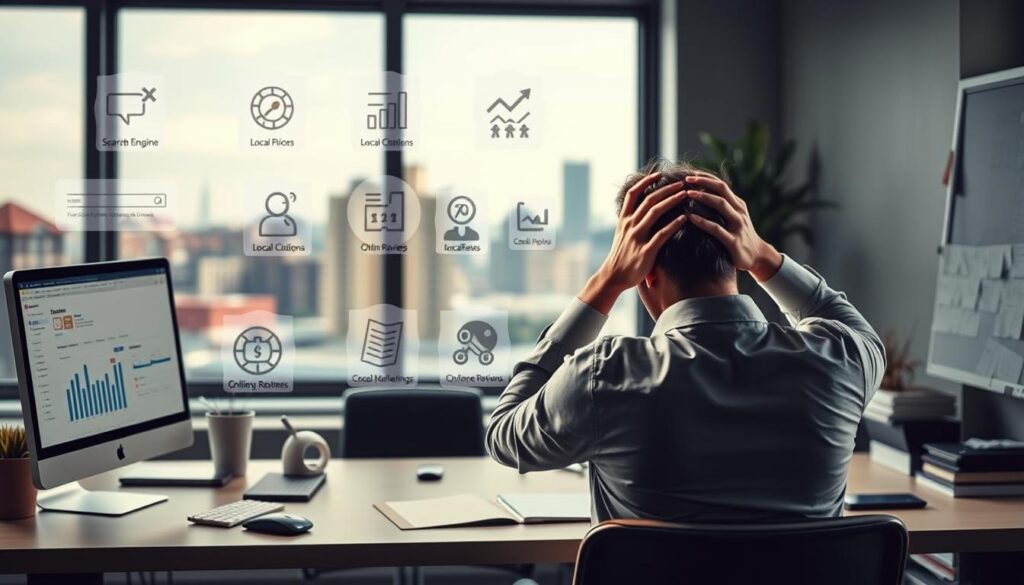 A modern office setting with a desk, computer, and various digital marketing tools like analytics dashboards, SEO software, and online directories. In the foreground, a person sits at the desk, hands on their head, looking frustrated. The middle ground shows different digital marketing strategies like search engine optimization, local citations, and online reviews, represented by various icons and infographic elements. The background features a cityscape with blurry buildings, indicating the local business context. The lighting is soft and slightly moody, creating a sense of struggle and the need for a solution. The overall atmosphere conveys the challenges of local search visibility optimization for a small business owner.