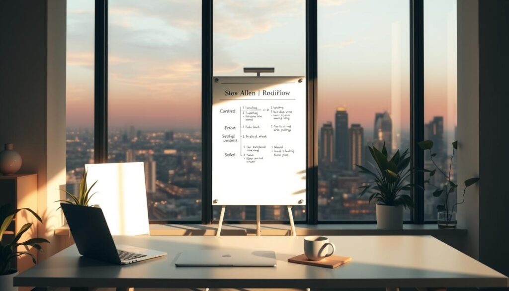 A serene workspace filled with minimalist decor, showcasing a strategic marketing reduction workflow. In the foreground, a minimalist desk with a laptop, a cup of coffee, and a single potted plant. The middle ground features a whiteboard displaying a concise action plan, while the background is dominated by a large window overlooking a tranquil city skyline bathed in warm, golden hour lighting. The overall atmosphere exudes a sense of focus, clarity, and the power of doing less to achieve more in digital marketing.
