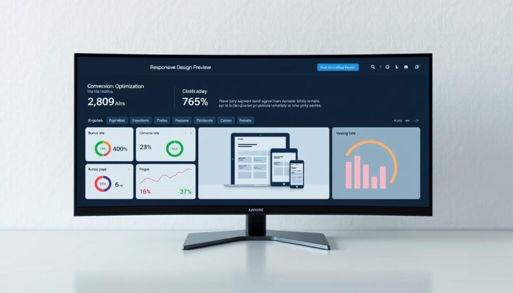 A sleek, mobile-responsive website conversion optimization dashboard displayed on a high-resolution monitor. The foreground showcases various metrics such as bounce rate, conversion rate, and average time on page, presented in a clean, intuitive interface. The middle ground features a responsive design preview, highlighting the website's adaptability across different devices. The background has a subtle, minimalist texture, conveying a sense of professionalism and sophistication. The lighting is soft and even, creating a well-balanced, visually appealing scene. The overall atmosphere exudes a sense of data-driven decision-making and a focus on improving website performance.