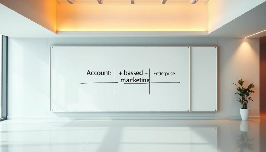 A sleek, modern office setting with a large whiteboard taking center stage. On the whiteboard, three distinct enterprise marketing tactics are displayed in a side-by-side comparison - digital advertising, account-based marketing, and influencer partnerships. The scene is bathed in warm, directional lighting, creating depth and drama. The angles are slightly elevated, giving a sense of authority and professionalism. The mood is one of strategic analysis, with a touch of minimalist elegance. The overall composition guides the viewer's eye to the key marketing tactics, inviting deeper consideration of how these high-level approaches can be adapted for small business success.