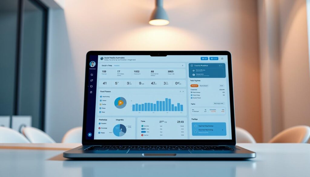 A sleek, modern social media automation dashboard displayed on a laptop screen, set against a minimalist, neutral-toned office backdrop. The dashboard features an intuitive interface with various widgets and data visualizations, showcasing real-time analytics, scheduling tools, and cross-platform integration capabilities. Subtle blue and gray color accents create a professional, high-tech ambiance. Soft, directional lighting from the laptop screen and a single overhead source casts a warm glow, emphasizing the dashboard's clean, streamlined design. The composition is balanced, with the laptop positioned at a slight angle to create depth and visual interest. The overall scene conveys efficiency, productivity, and the power of AI-driven marketing automation for local businesses.
