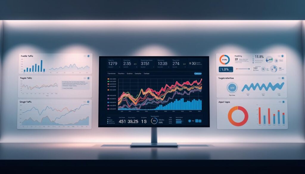 A sleek, modern traffic analysis dashboard illuminated by soft, diffused lighting, showcasing a comprehensive overview of key performance metrics. The foreground features clean, intuitive data visualizations - line graphs, bar charts, and interactive widgets - displaying website traffic, user engagement, and conversion rates. In the middle ground, a large central screen depicts a heat map highlighting high-traffic areas and user flow patterns across the website. The background subtly blends strategic page layouts, SEO analytics, and targeted advertising insights, providing a holistic view of the online traffic landscape. The overall aesthetic is minimalist and technology-driven, conveying professionalism and data-driven decision-making.