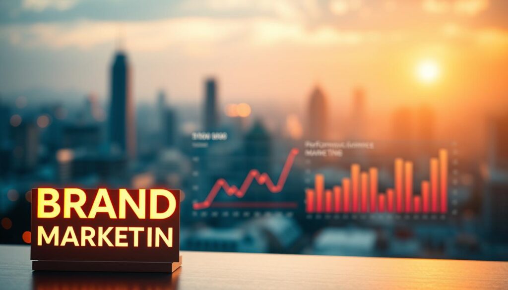 A strategic landscape of brand marketing and performance marketing, illuminated by a warm, golden light. In the foreground, a bold, iconic brand logo commands attention, its design exuding confidence and timelessness. In the middle ground, a data-driven dashboard tracks key performance metrics, reflecting the analytical precision of performance marketing. The background fades into a blurred, ethereal cityscape, symbolizing the broader market context in which these two marketing approaches coexist and complement each other. The overall composition conveys the synergy between brand-building and direct response, a hallmark of successful enterprise marketing strategies.