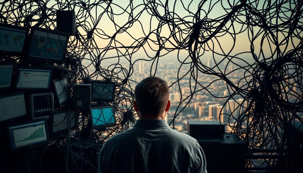 A tangled web of disparate marketing tools and data sources, their integration hindered by technical complexities and organizational silos. In the foreground, a frustrated marketer stares at a jumble of disconnected screens and dashboards, their expression one of exasperation. The middle ground reveals a maze of wires, cables, and digital interfaces, symbolizing the challenges of harmonizing diverse systems. In the distant background, a hazy cityscape represents the broader business landscape, where the promise of seamless marketing technology remains elusive. Dramatic lighting casts long shadows, creating a sense of tension and urgency. The overall mood is one of technological disarray and the need for a cohesive, streamlined approach to marketing systems integration.