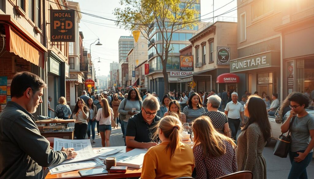 A vibrant cityscape with a bustling local business district. In the foreground, a group of people gathered around a table, studying detailed customer profiles and demographic data. In the middle ground, shop owners and marketing managers confer, strategizing ways to effectively reach their target audience. In the background, the streets are alive with foot traffic, diverse community members going about their daily lives. Warm afternoon sunlight filters through, casting a golden glow over the scene. A sense of dynamic collaboration and purpose permeates the environment, as the local businesses work to better understand and serve their local customer base.