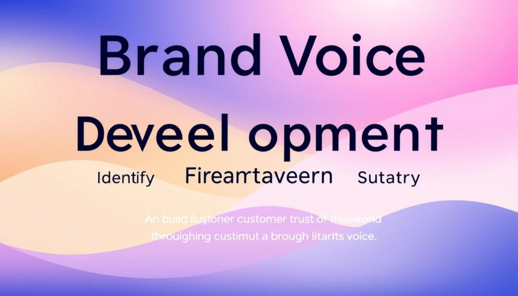 A vibrant, minimalist illustration showcasing a "Brand Voice Development Framework". In the foreground, a clean, sans-serif typographic composition displays the four strategic steps: "Identify", "Refine", "Amplify", and "Sustain". The middle ground features abstract geometric shapes and subtle gradients, representing the dynamic and iterative nature of brand voice development. The background has a soft, atmospheric lighting, conveying a sense of thoughtfulness and professionalism. The overall aesthetic is modern, polished, and visually striking, perfectly complementing the article's focus on building customer trust through a distinctive brand voice.
