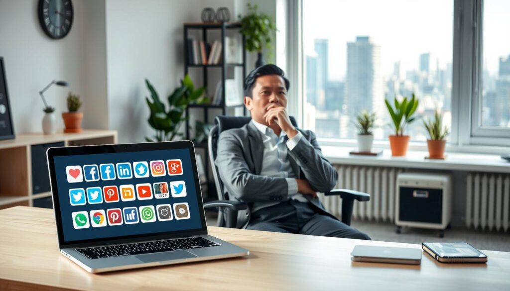 A well-lit office setting with a small business owner thoughtfully examining a variety of social media platform icons on a desk before them. In the foreground, a laptop displays a grid of popular social media logos. In the middle ground, the business owner, dressed in professional attire, leans back in an ergonomic chair, a pensive expression on their face as they consider the options. The background features a minimalist, cozy workspace with potted plants, shelves of reference materials, and a large window overlooking a vibrant cityscape. The lighting is soft and natural, creating a contemplative atmosphere suitable for strategic decision-making.
